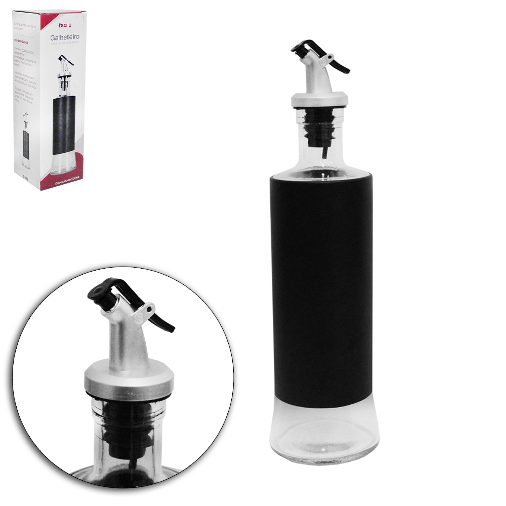 AZEITEIRO / VINAGREIRO DE VIDRO / INOX COM BICO DOSADOR DE PLASTICO FACILE PRETO 300ML