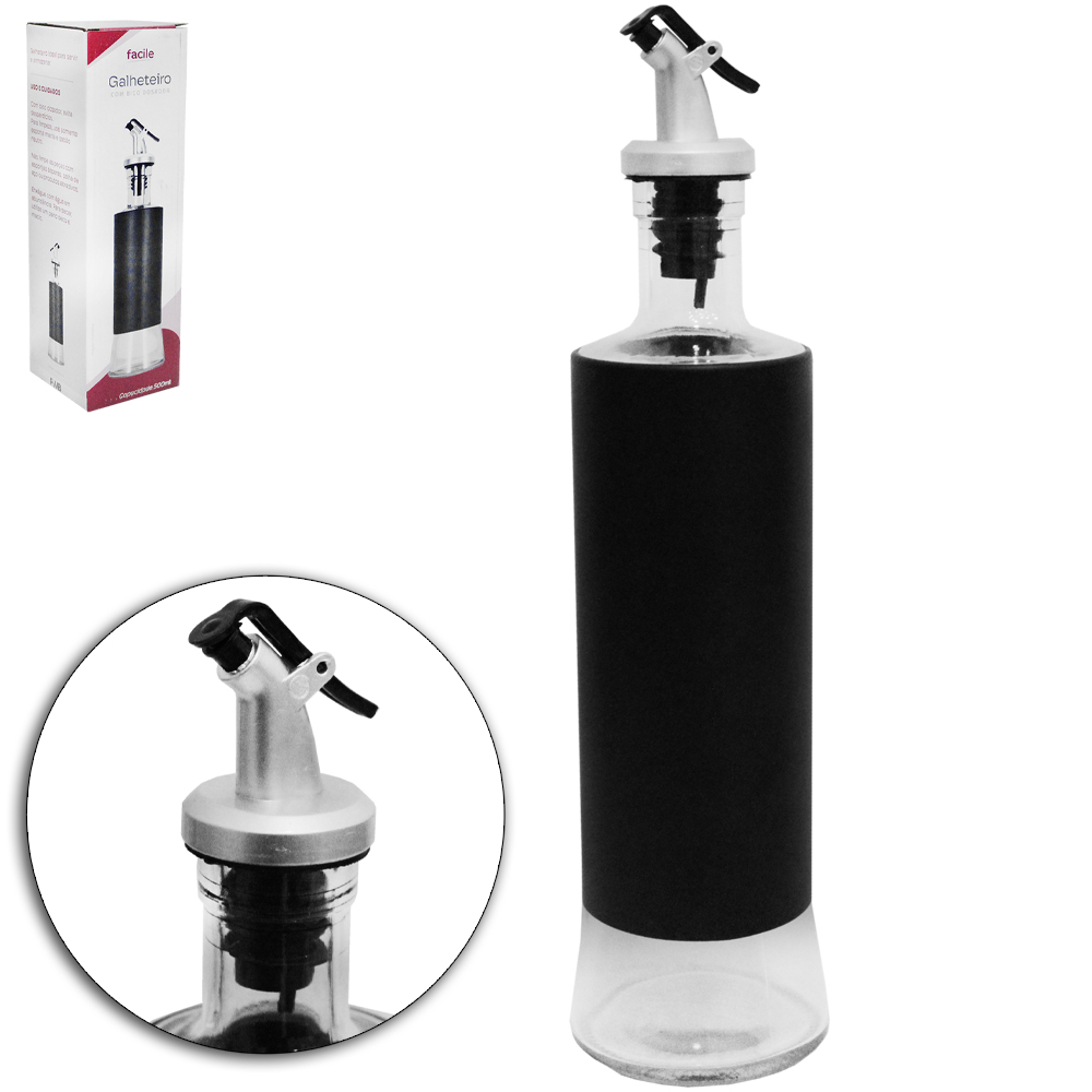 AZEITEIRO / VINAGREIRO DE VIDRO / INOX COM BICO DOSADOR DE PLASTICO FACILE PRETO 500ML