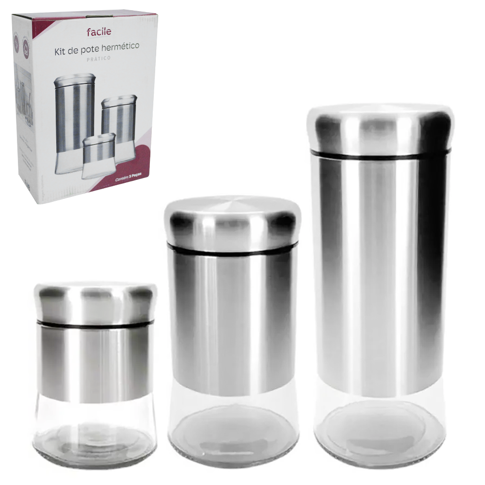 CONJUNTO DE POTE DE VIDRO / INOX REDONDO PARA MANTIMENTOS COM TAMPA HERMETICA FACILE 3 PECAS 420/640/870ML