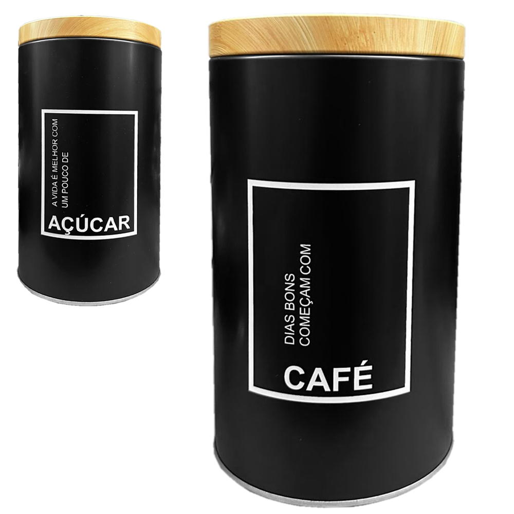 POTE DE LATA REDONDO PRETO PARA CAFE / ACUCAR COM TAMPA TIPO MADEIRA / BAMBU 1550ML