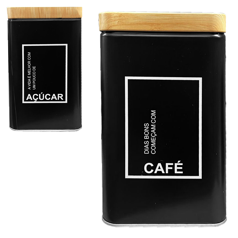 POTE DE LATA QUADRADO PRETO PARA CAFE / ACUCAR COM TAMPA TIPO MADEIRA / BAMBU 1650ML