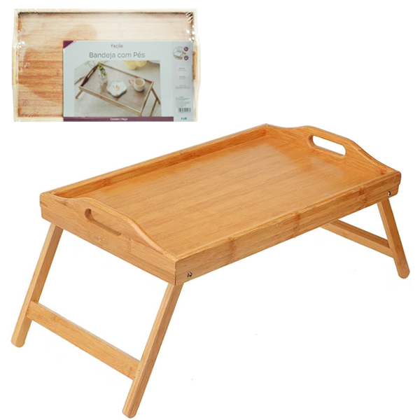 MESA BANDEJA DE BAMBU RETANGULAR COM PES RETRATEIS FACILE 50X30X21,5CM