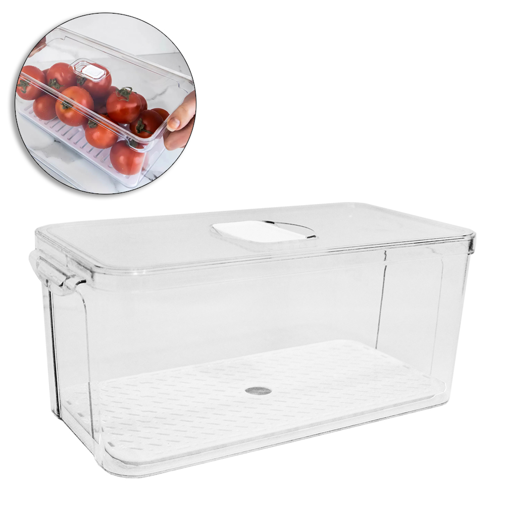 ORGANIZADOR DE GELADEIRA PLASTICO PET FLEXIVEL RETANGULAR COM ESCORREDOR + TAMPA + VALVULA E ALCA FACILE 34X16,5X14,5CM