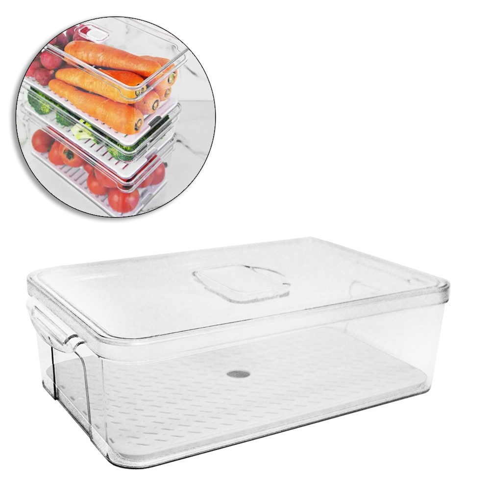 ORGANIZADOR DE GELADEIRA PLASTICO PET FLEXIVEL RETANGULAR COM ESCORREDOR + TAMPA + VALVULA E ALCA FACILE 34X21X10CM