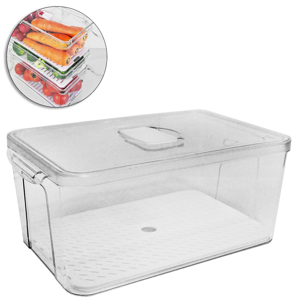 ORGANIZADOR DE GELADEIRA PLASTICO PET FLEXIVEL RETANGULAR COM ESCORREDOR + TAMPA + VALVULA E ALCA FACILE 34X21X14,5CM