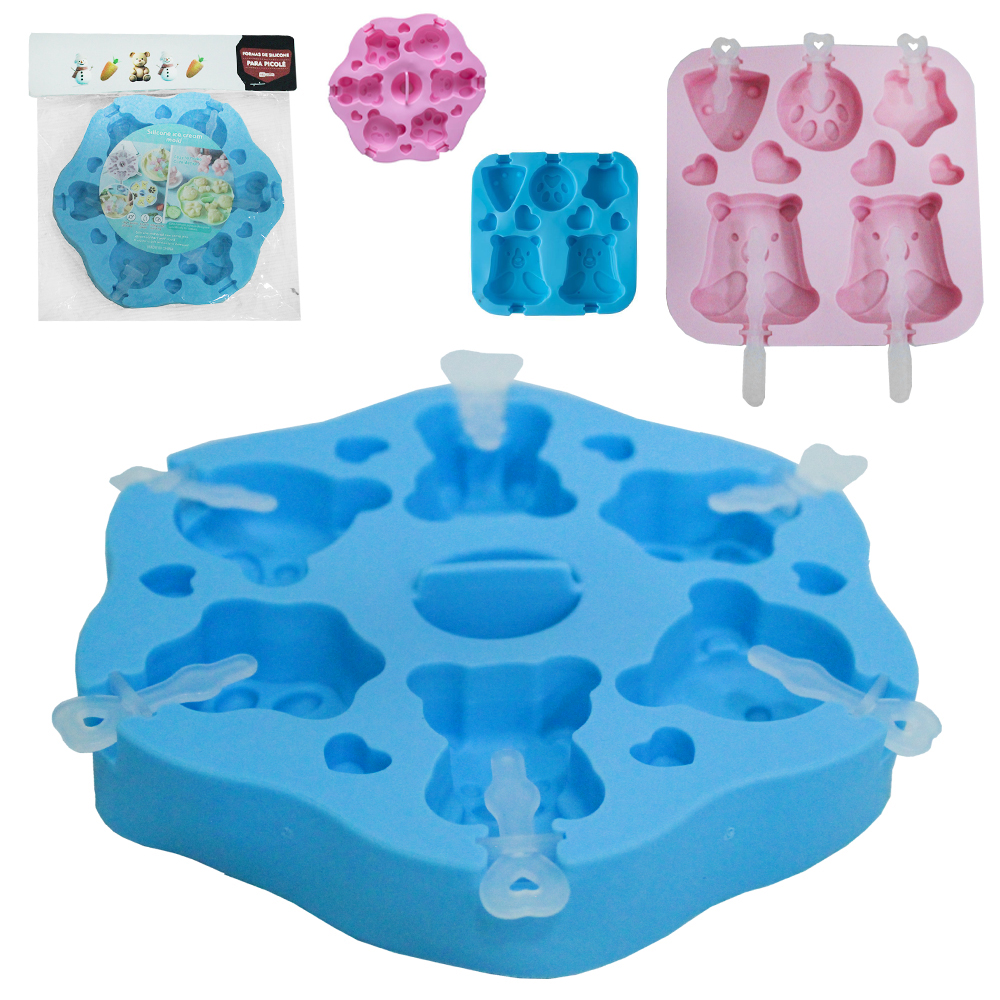 FORMA DE SILICONE REDONDO / QUADRADO PARA PICOLE / SORVETE 6 / 5 CAVIDADES + CABO 2,5X17CM DE Ø / 15X2CM MB HOUSE