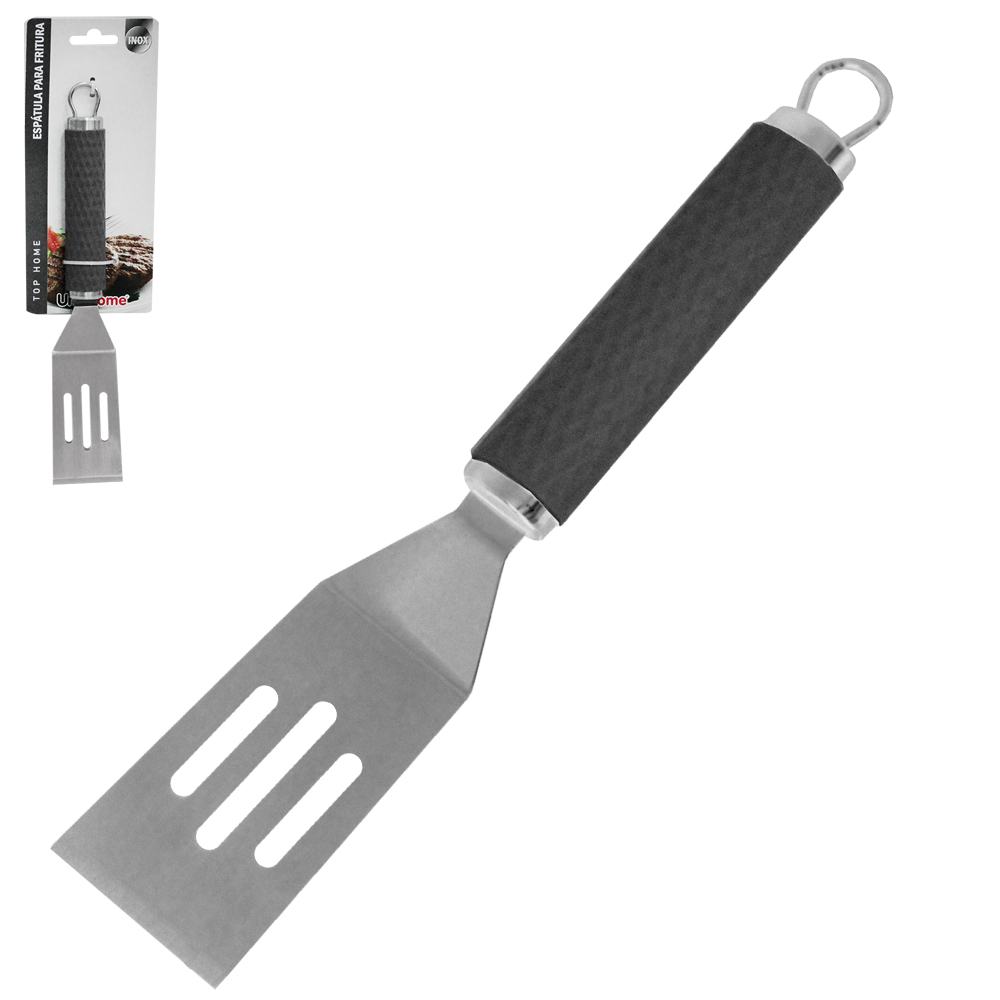 ESPATULA DE COZINHA DE INOX PARA FRITURA DEGRAU VAZADA CABO EMBORRACHADO TOP HOME 24X4,2CM 