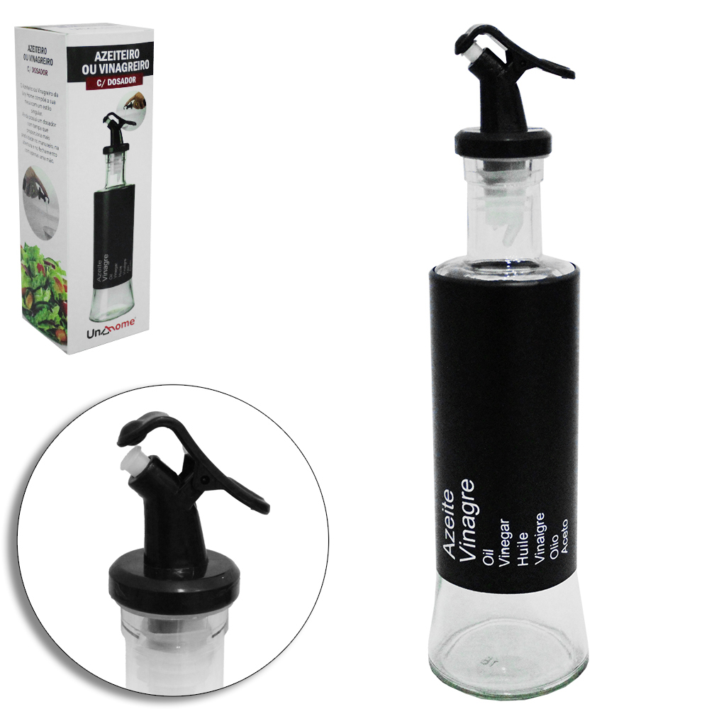 AZEITEIRO / VINAGREIRO DE VIDRO / INOX COM BICO DOSADOR DE PLASTICO PRETO 300ML