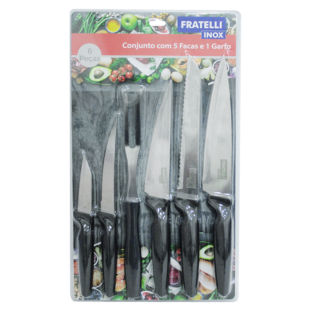 CONJUNTO DE FACA DE COZINHA DE INOX CABO PLASTICO PRETO 6 PECAS