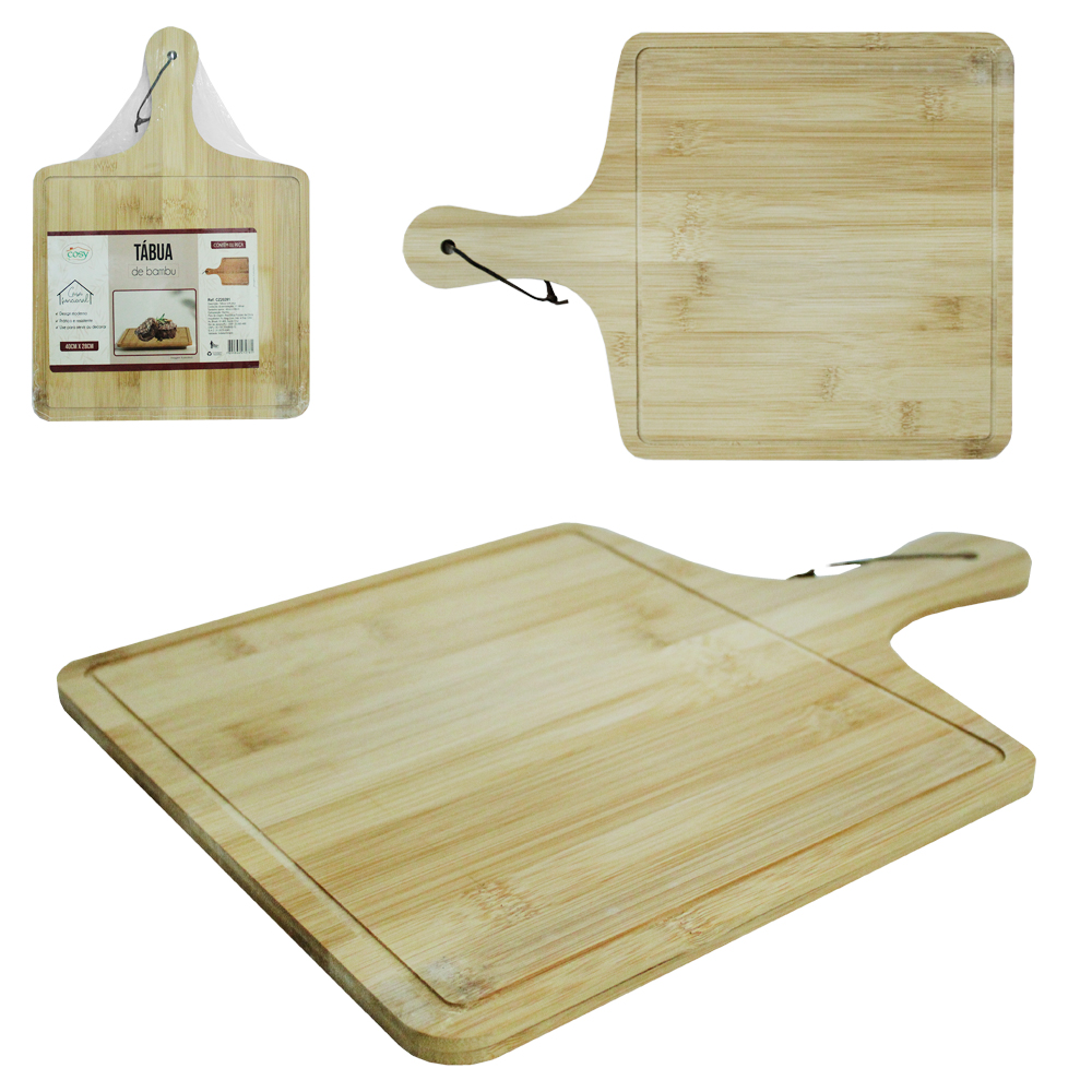 TABUA DE CORTE DE BAMBU MULTIUSO QUADRADA COM PEGADOR 40X28CM