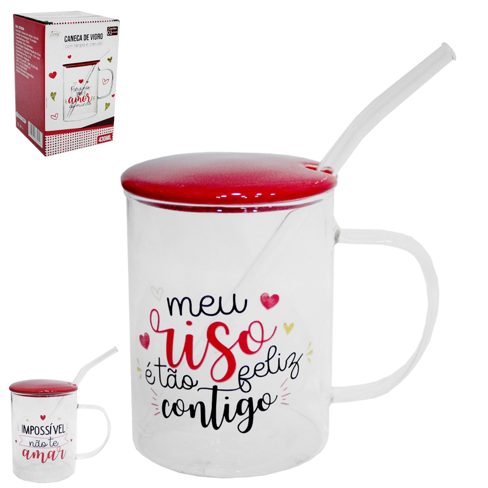 CANECA DE VIDRO BOROSILICATO FRASES 430ML + CANUDO COM TAMPA DE PORCELANA