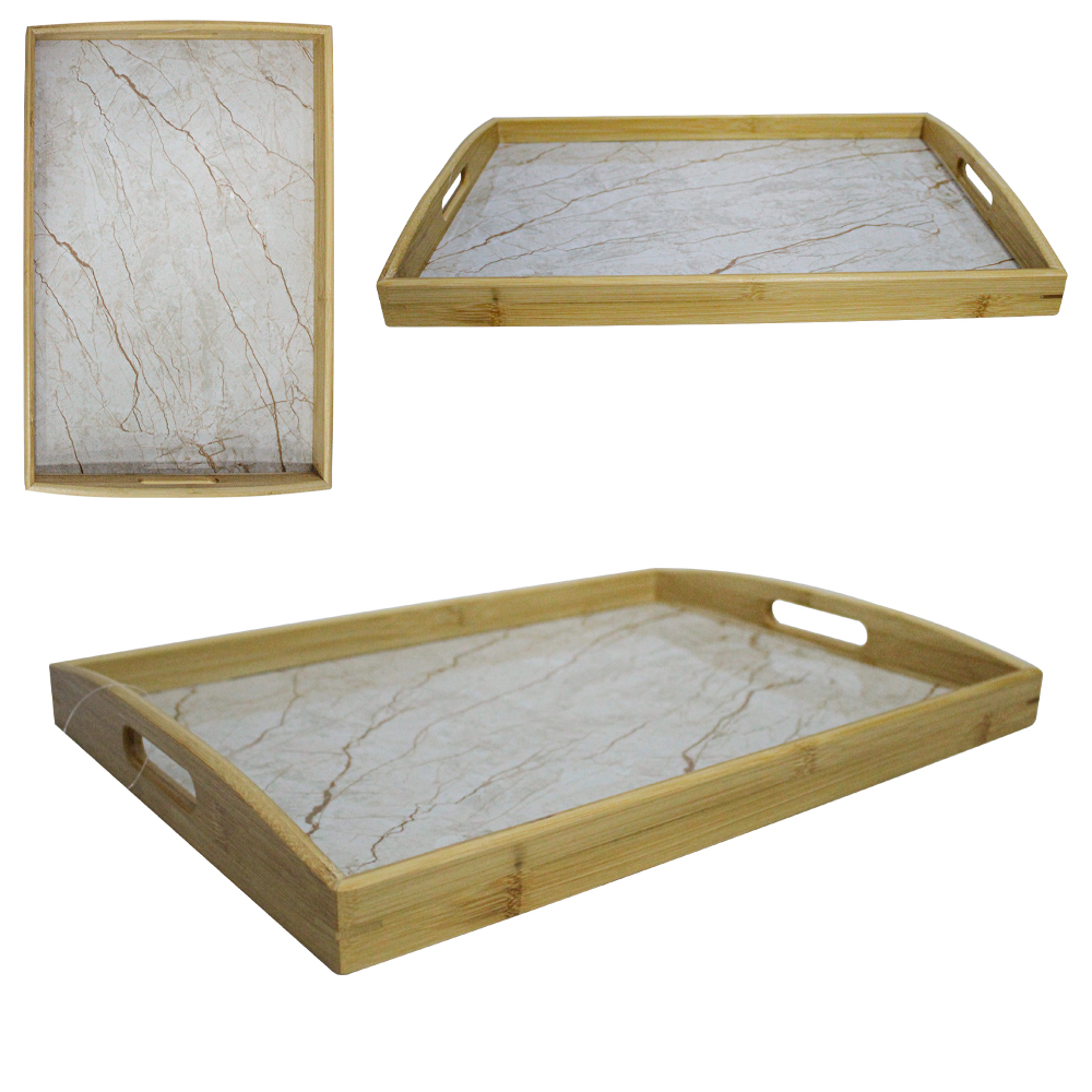 BANDEJA DE BAMBU COM FUNDO MARMORE RETANGULAR STIL DECOR COM ALCA 45,8X33X5CM