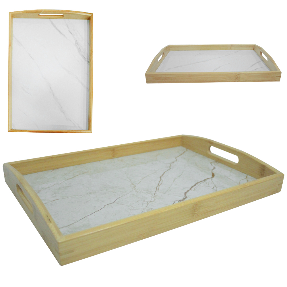 BANDEJA DE BAMBU COM FUNDO MARMORE RETANGULAR STIL DECOR COM ALCA 40X28X5CM