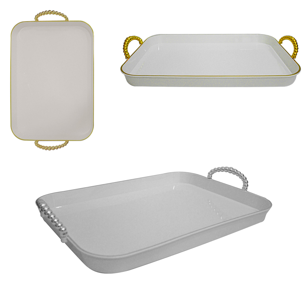 BANDEJA DE PLASTICO PET FLEXIVEL RETANGULAR COM ALCA PEROLA + BORDA DOURADA / PRATA 32,5X21,5X6CM