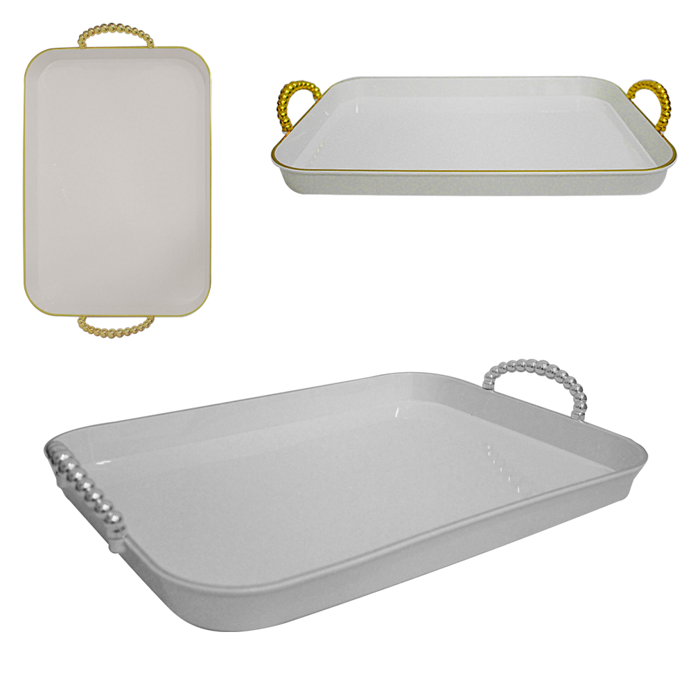 BANDEJA DE PLASTICO PET FLEXIVEL RETANGULAR COM ALCA PEROLA + BORDA DOURADA / PRATA 37,5X26X6,5CM