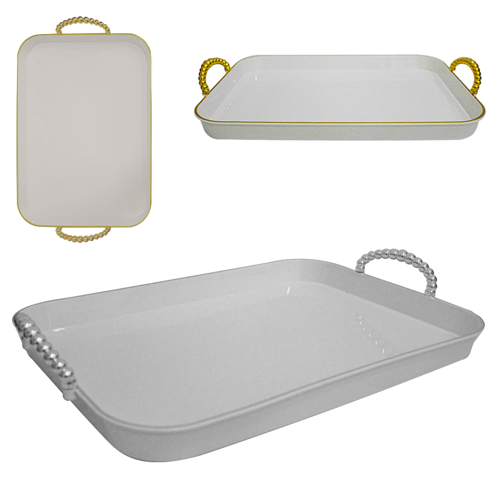 BANDEJA DE PLASTICO PET FLEXIVEL RETANGULAR COM ALCA PEROLA + BORDA DOURADA / PRATA 41,7X30,5X7CM