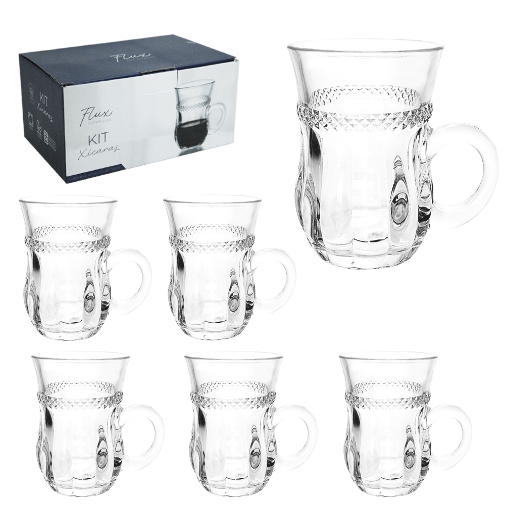 JOGO DE CANECA XICARA DE VIDRO PARA CAFE / CAPPUCCINO FLUX COM 6 PECAS 150ML