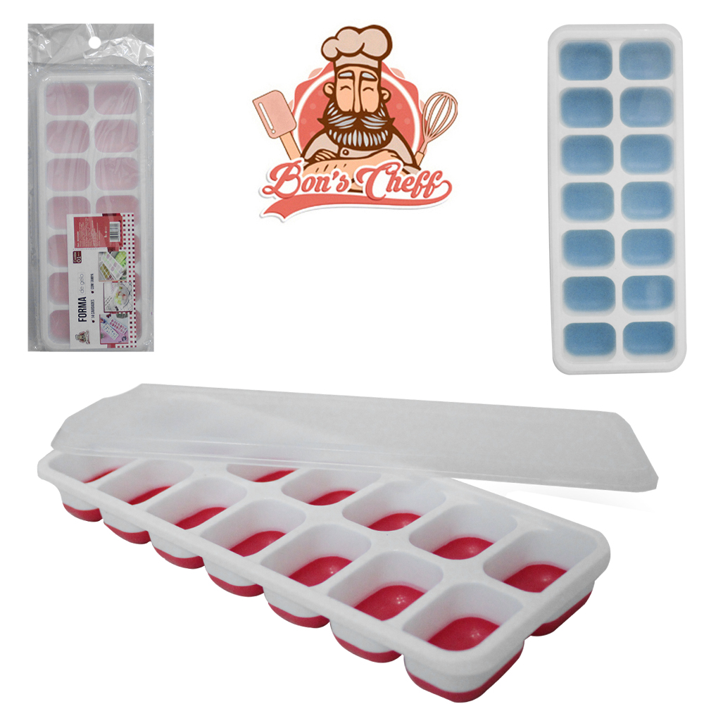 FORMA DE GELO COM 14 CAVIDADES RETANGULAR DE SILICONE / PLASTICO COM TAMPA 25X10X3CM BONS CHEFF