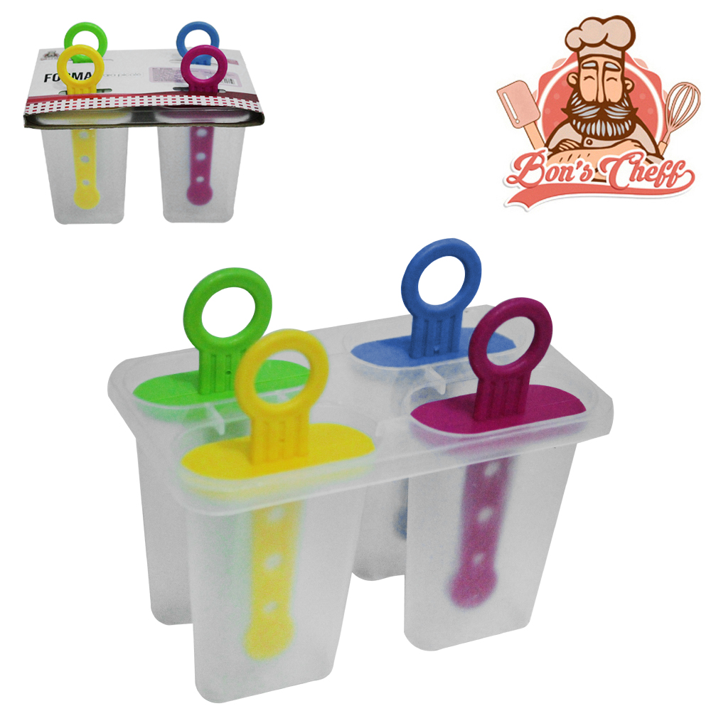 FORMA DE PLASTICO PARA PICOLE / SORVETE COM 4 CAVIDADES CABO 12,5X11X7CM BONS CHEFF