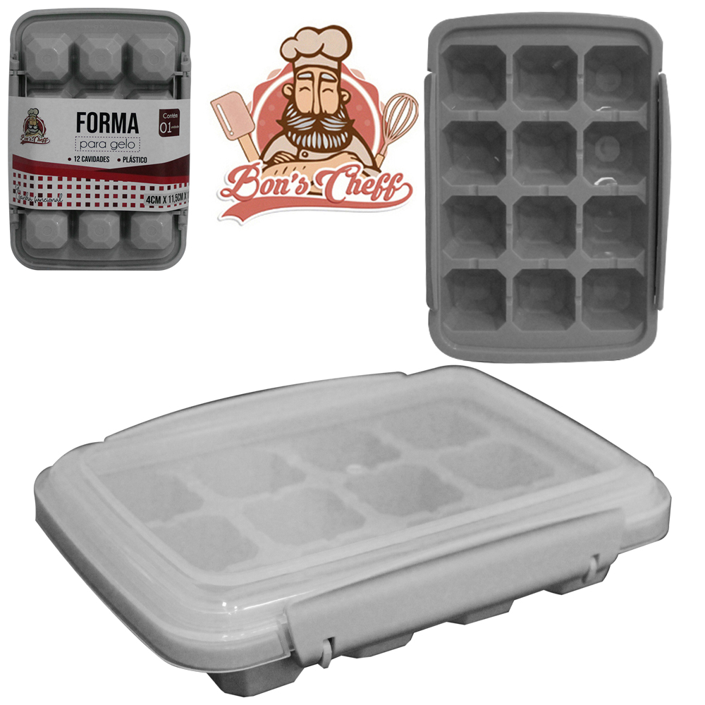 FORMA DE GELO COM 12 CAVIDADES DE PLASTICO COM TAMPA + TRAVA 17X11,5X4CM BONS CHEFF