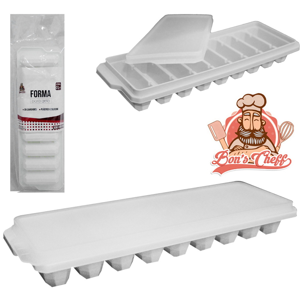 FORMA DE GELO COM 9 CAVIDADES DE SILICONE / PLASTICO COM TAMPA 26X8X3CM BONS CHEFF