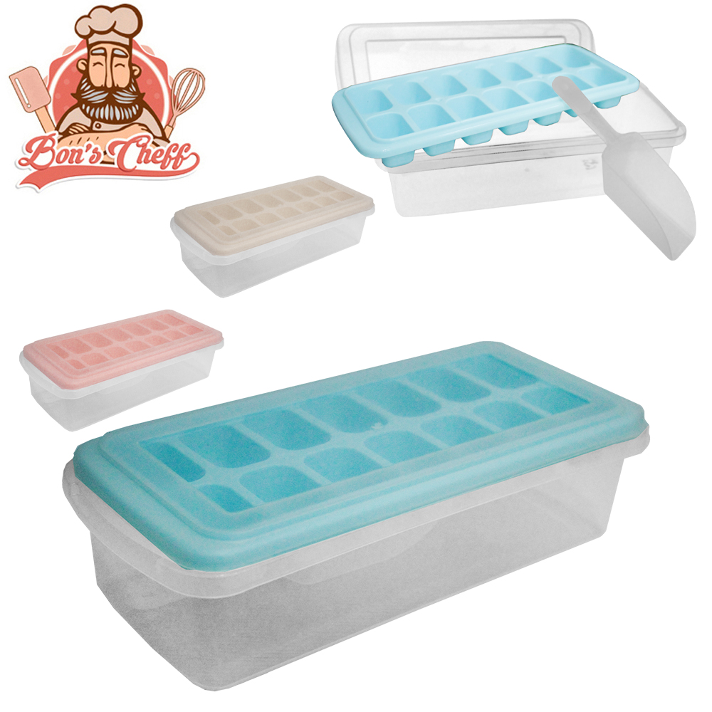 BANDEJA RESERVATORIO COM FORMA DE GELO 14 CAVIDADES RETANGULAR DE PLASTICO COM TAMPA + PA / PEGADOR 27X12X7CM BONS CHEFF