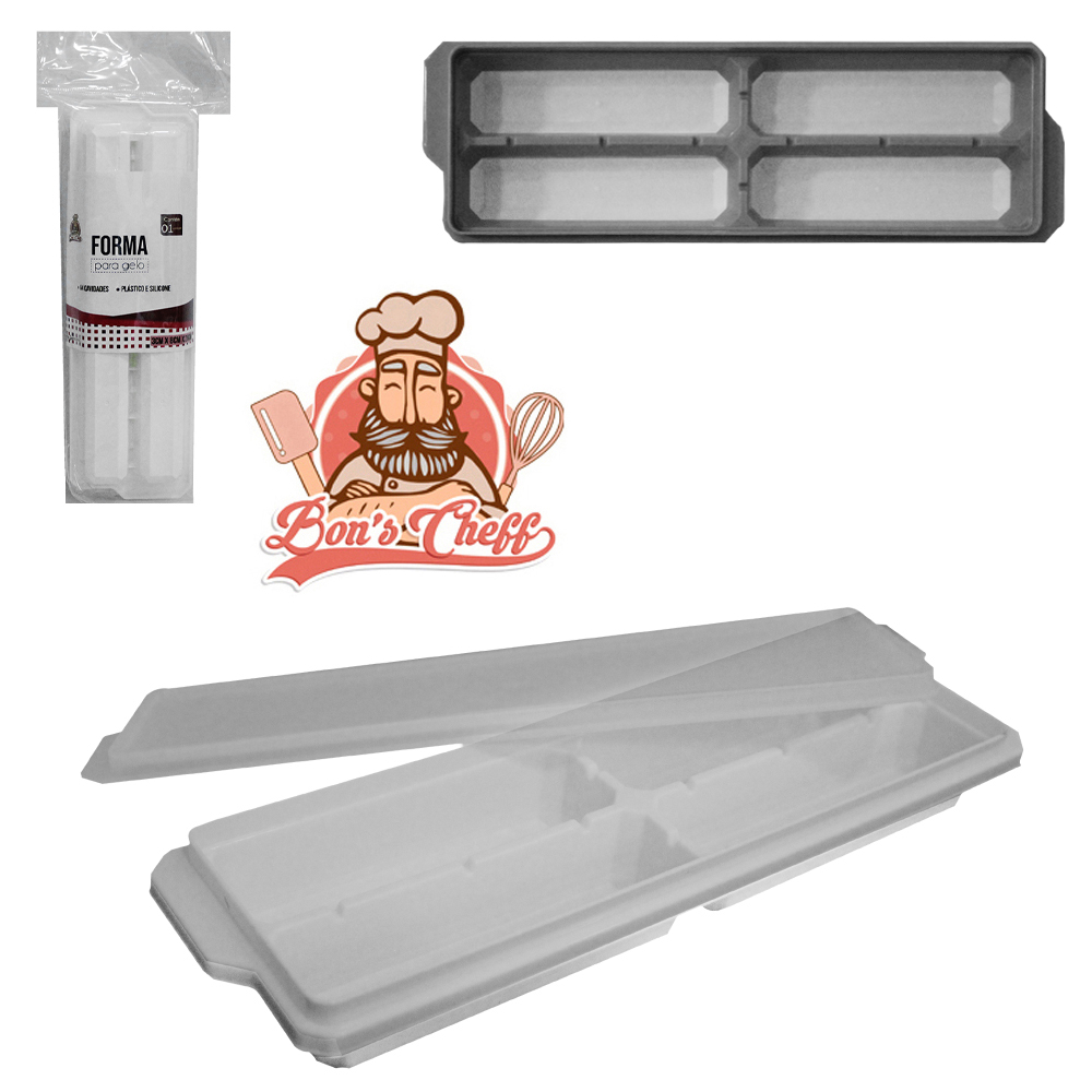 FORMA DE GELO COM 4 CAVIDADES DE SILICONE / PLASTICO COM TAMPA 26X8X3CM BONS CHEFF