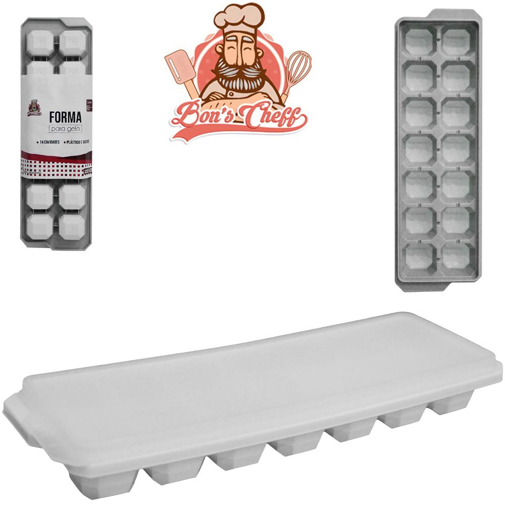 FORMA DE GELO COM 14 CAVIDADES QUADRADA DE SILICONE / PLASTICO COM TAMPA 26X8X3CM