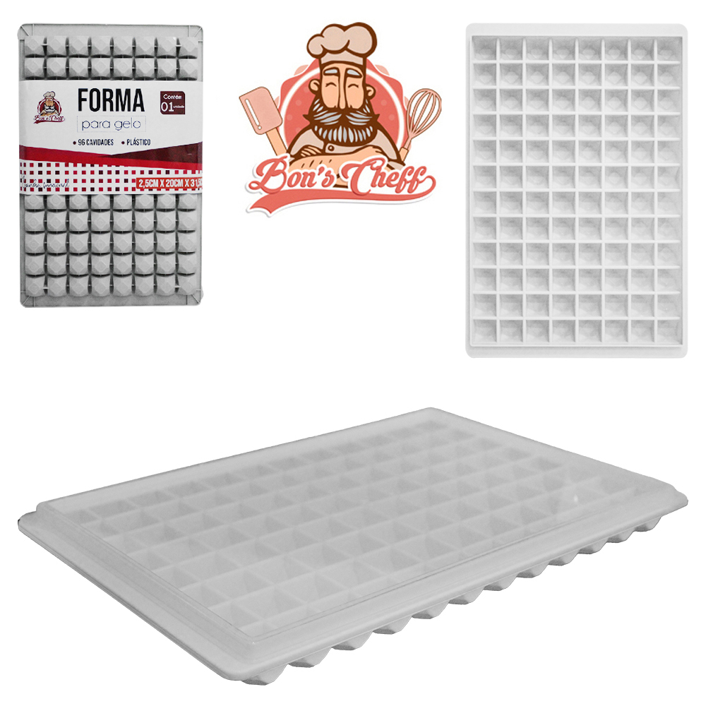 FORMA DE GELO COM 96 CAVIDADES QUADRADA DE PLASTICO COM TAMPA 31,5X20X2,5CM BONS CHEFF