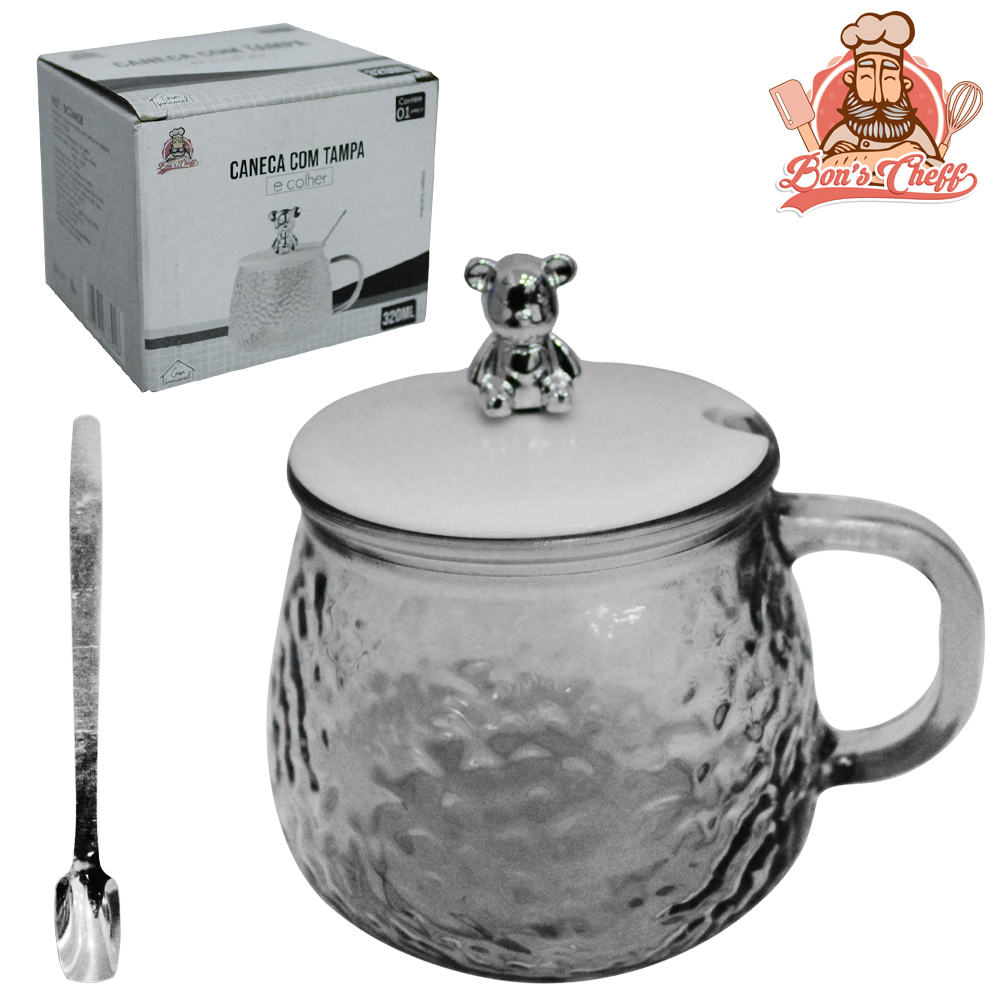 CANECA DE VIDRO COM TAMPA DE PLASTICO URSO + COLHER DE INOX 320ML BONS CHEFF