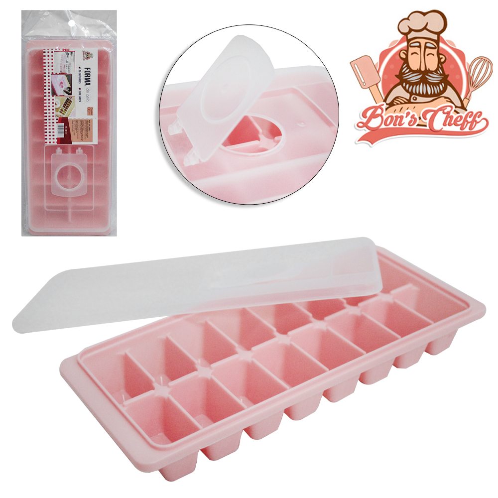 FORMA DE GELO COM 16 CAVIDADES RETANGULAR DE PLASTICO COM TAMPA 25,5X11X4CM BONS CHEFF