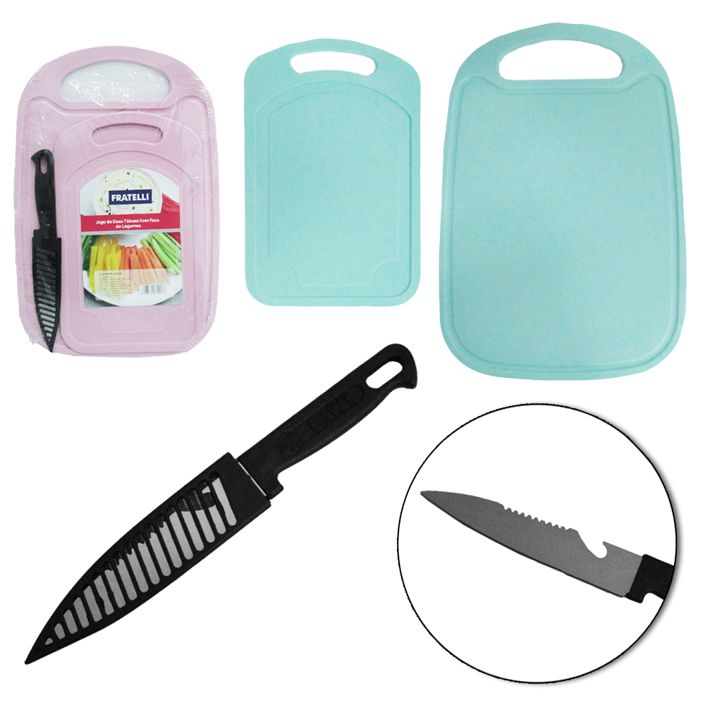 FACA 5'' COM BAINHA DE INOX+ 2 TABUAS DE CORTE DE PLASTICO OVAL