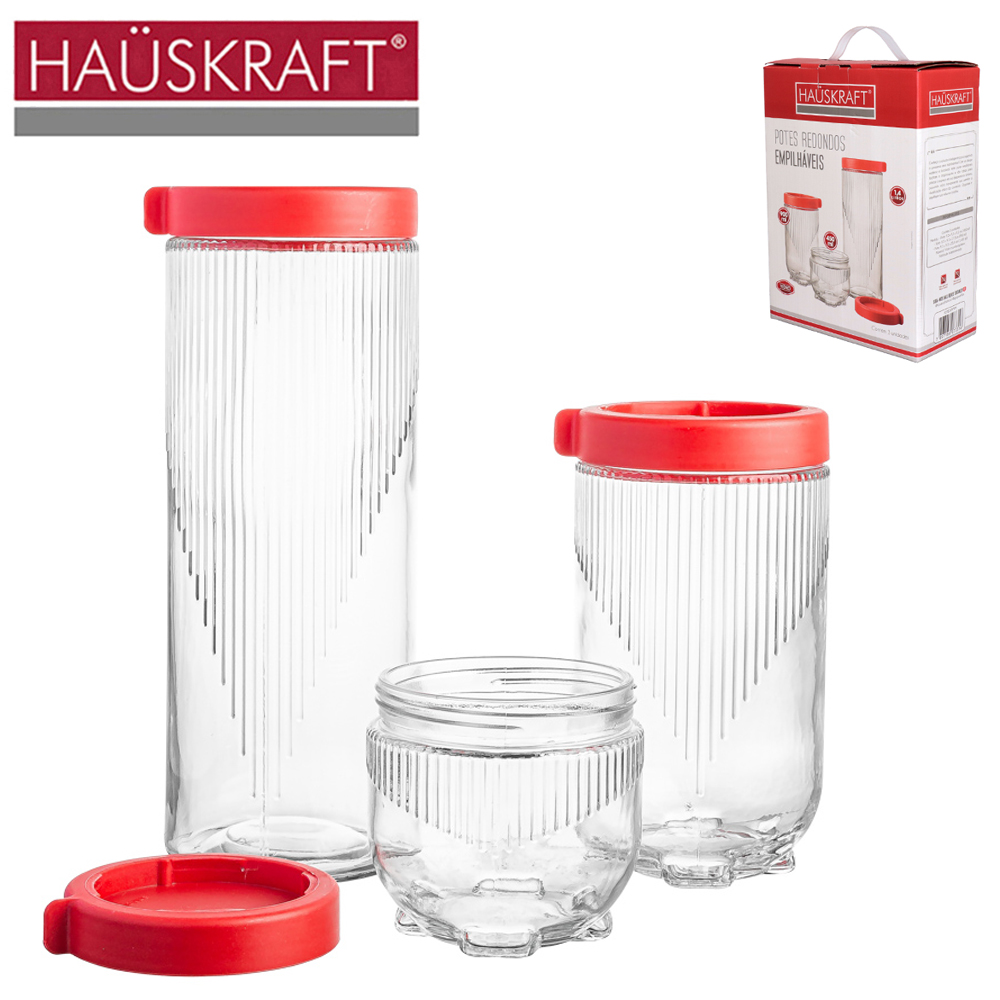 CONJUNTO DE POTE DE VIDRO REDONDO EMPILHAVEL COM TAMPA PLASTICO VERMELHO HAUSKRAFT 3 PECAS 1400/900/450ML