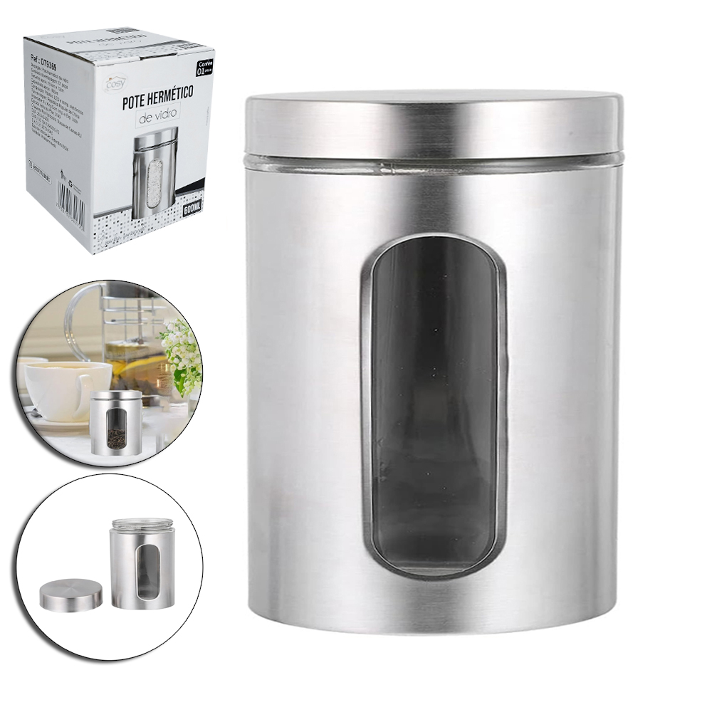 POTE DE VIDRO / INOX REDONDO PARA MANTIMENTOS COM VISOR + TAMPA DE ROSCA 600ML