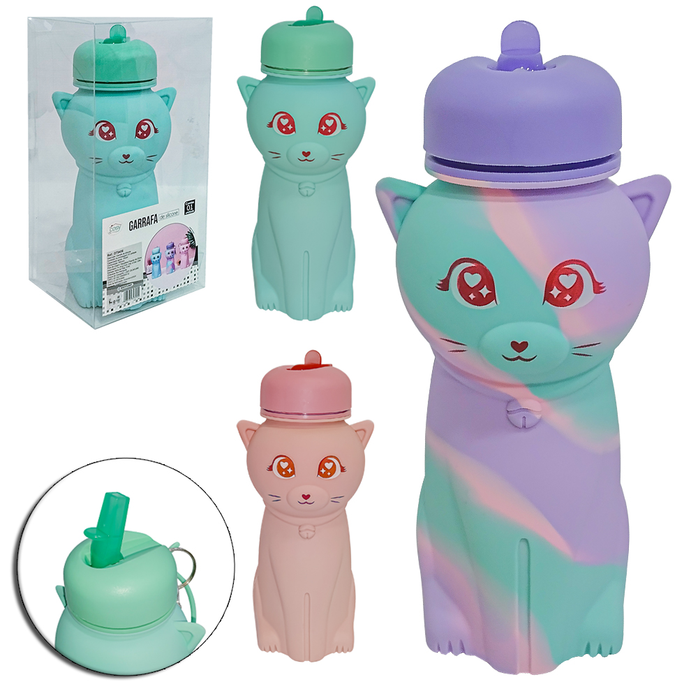 GARRAFA SQUEEZE DE SILICONE GATINHA COM TAMPA E ALCA + MOSQUETAO 550ML