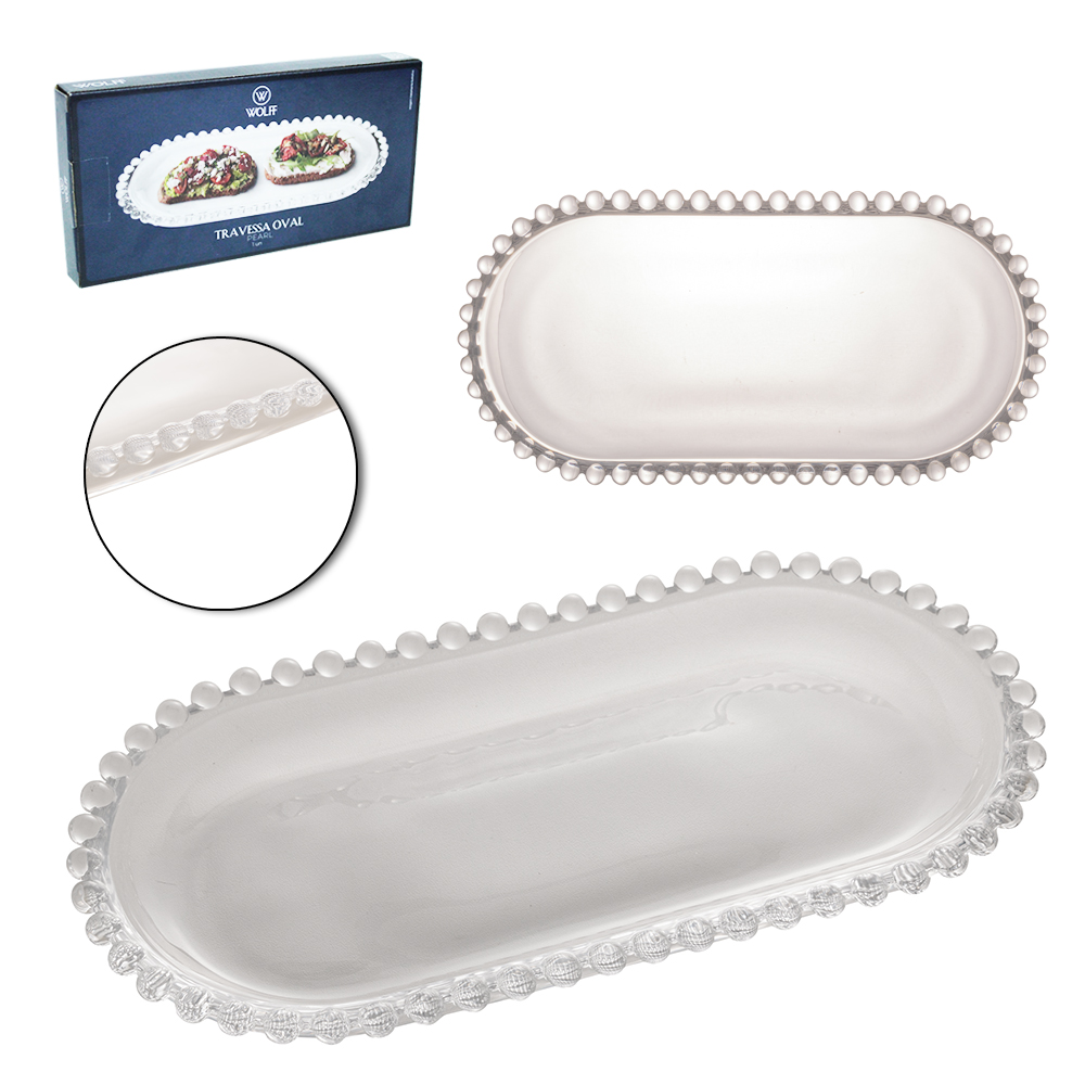 BANDEJA TRAVESSA DE VIDRO CRISTAL OVAL PEROLA PEARL WOLFF 24X12X2CM