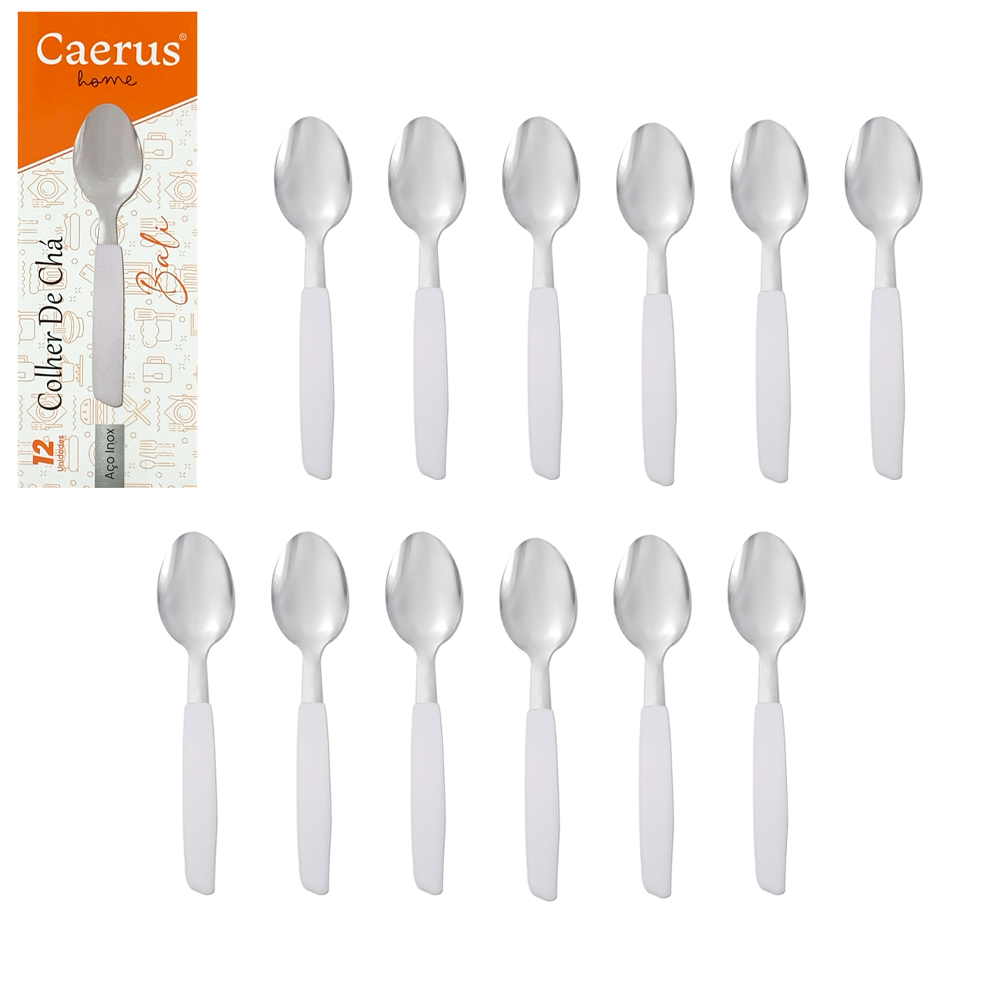 COLHER DE CHA DE INOX CABO PLASTICO BRANCO BALI COM 12 PECAS 13,5CM