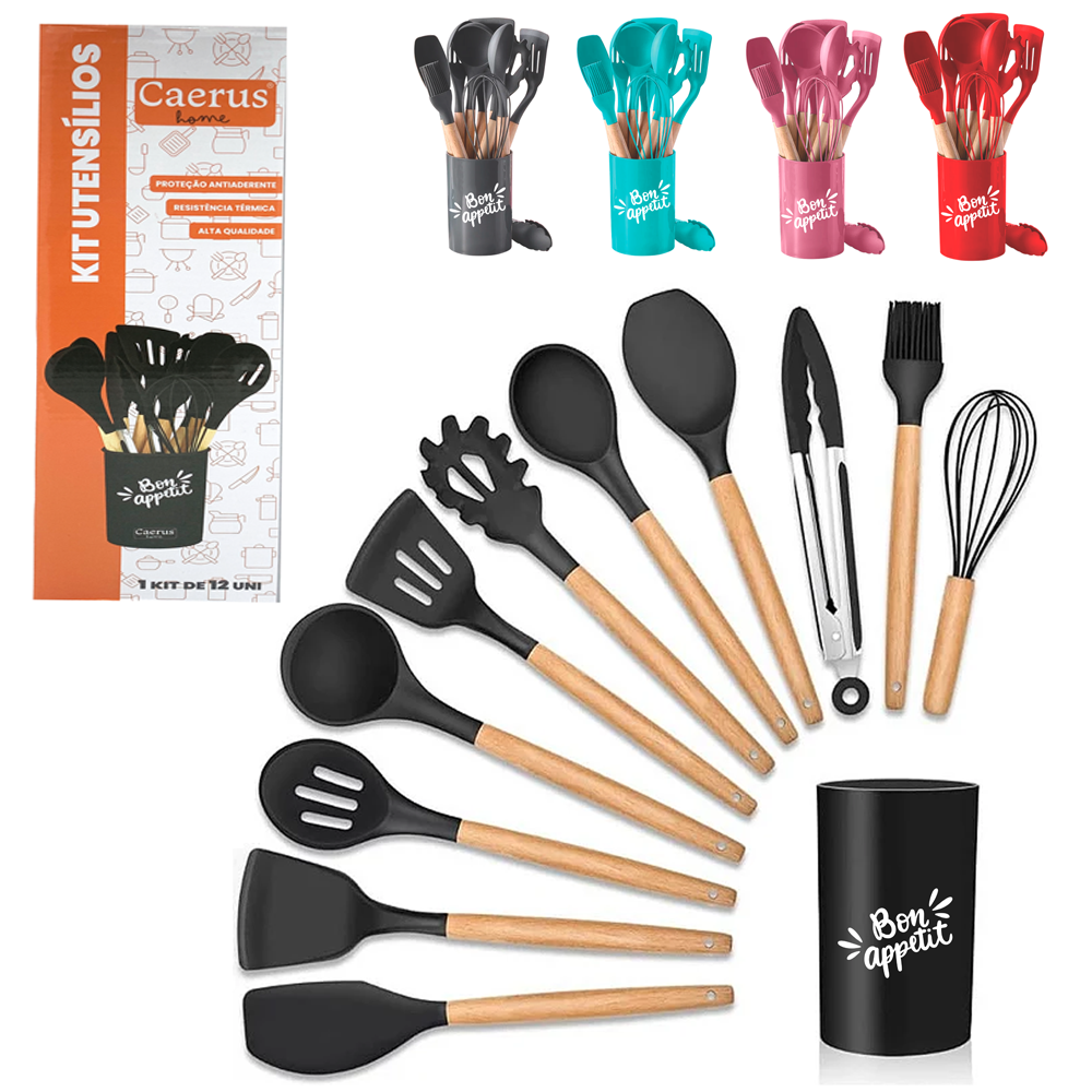 KIT UTENSILIOS COM 3 ESPATULA / 3 COLHER/2 PEGADOR / CONCHA/PINCEL / BATEDOR CLARA FOUET SILICONE + ESCORREDOR