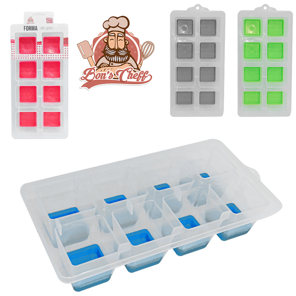 FORMA DE GELO COM 8 CAVIDADES QUADRADA BIG DE SILICONE / PLASTICO 25X13X5,5CM