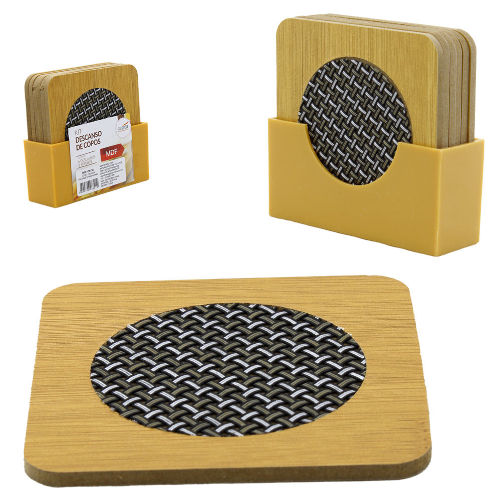 DESCANSO PORTA COPO DE MADEIRA MDF QUADRADO 6 PECAS 9,5CM + SUPORTE DE PLASTICO 10,5X5CM