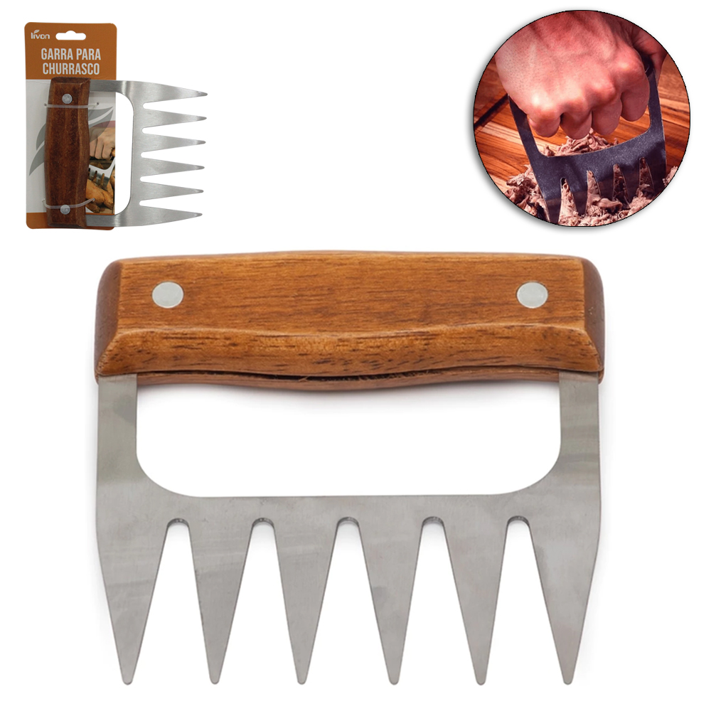 GARRA DE URSO PARA CHURRASCO INOX CABO MADEIRA LIVON 12X11X2CM