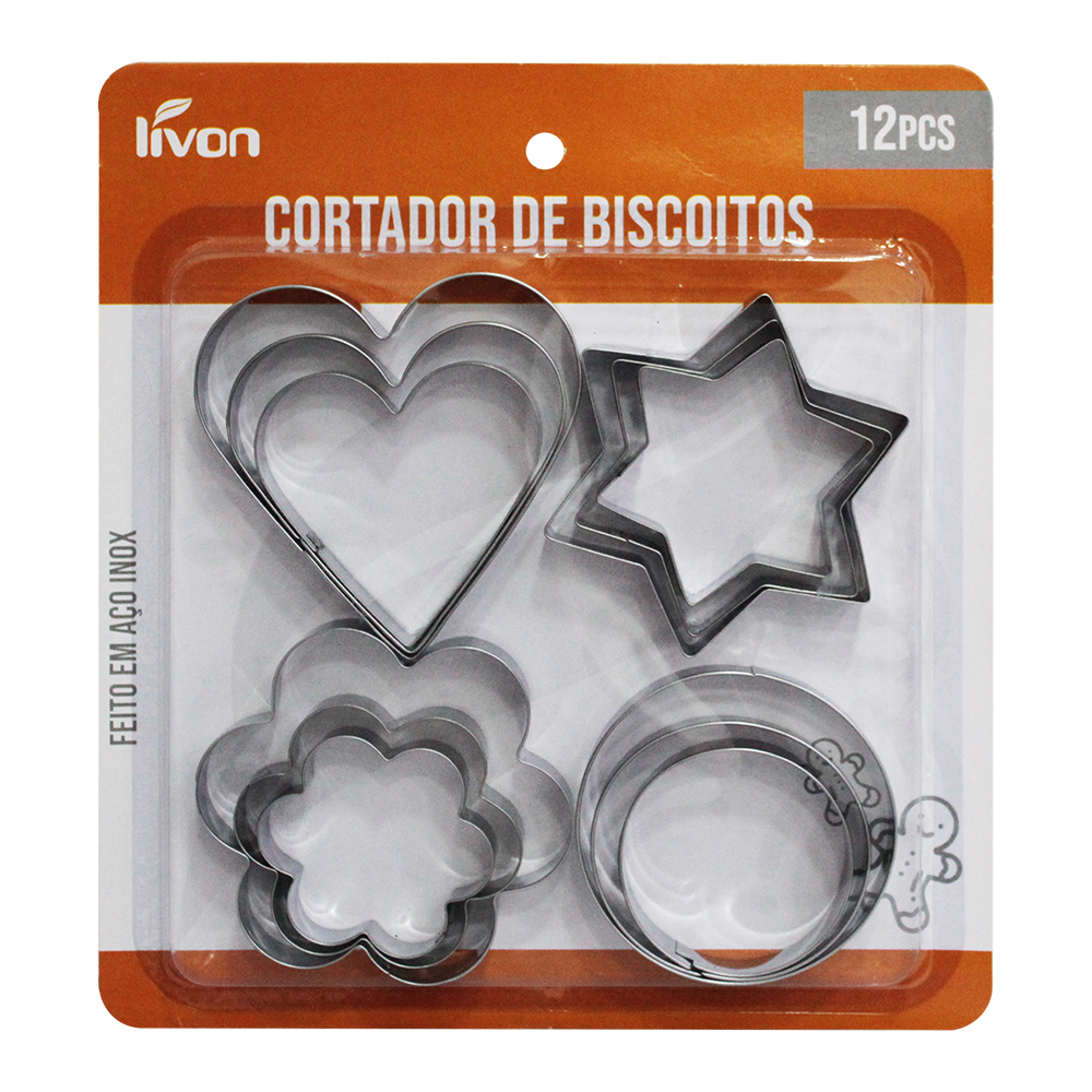 CORTADOR MOLDE PARA BISCOITO SORTIDOS INOX LIVON COM 12 PECAS 