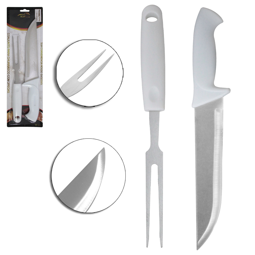 CONJUNTO DE FACA DE CHURRASCO 8'' + GARFO 6'' INOX CABO PLASTICO BRANCO TOP CASA