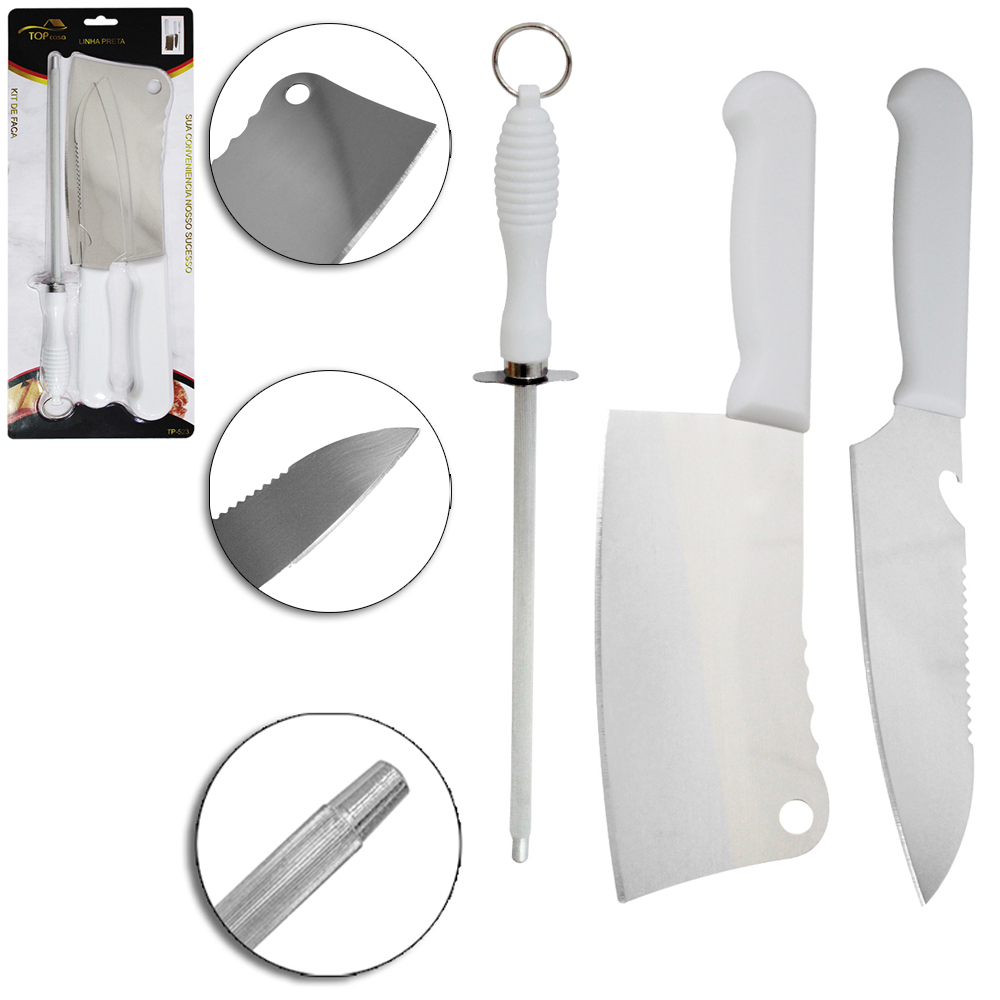 CONJUNTO DE FACA DE CHURRASCO 5'' COM CUTELO 7'' + CHAIRA 7,5'' INOX CABO PLASTICO BRANCO TOP CASA