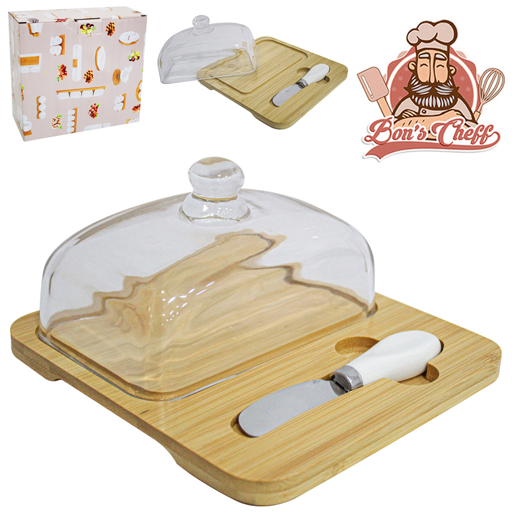 MANTEIGUEIRA DE VIDRO RETANGULAR COM BASE DE BAMBU + ESPATULA BONS CHEFF 19,3X18CM