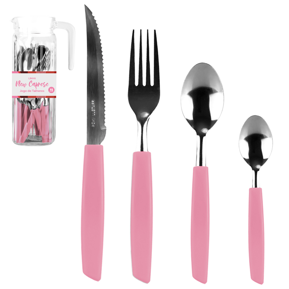 CONJUNTO DE TALHERES / FAQUEIRO COM 24 PECAS DE INOX CABO PLASTICO ROSA + JARRA DE VIDRO NEW CAPRESE