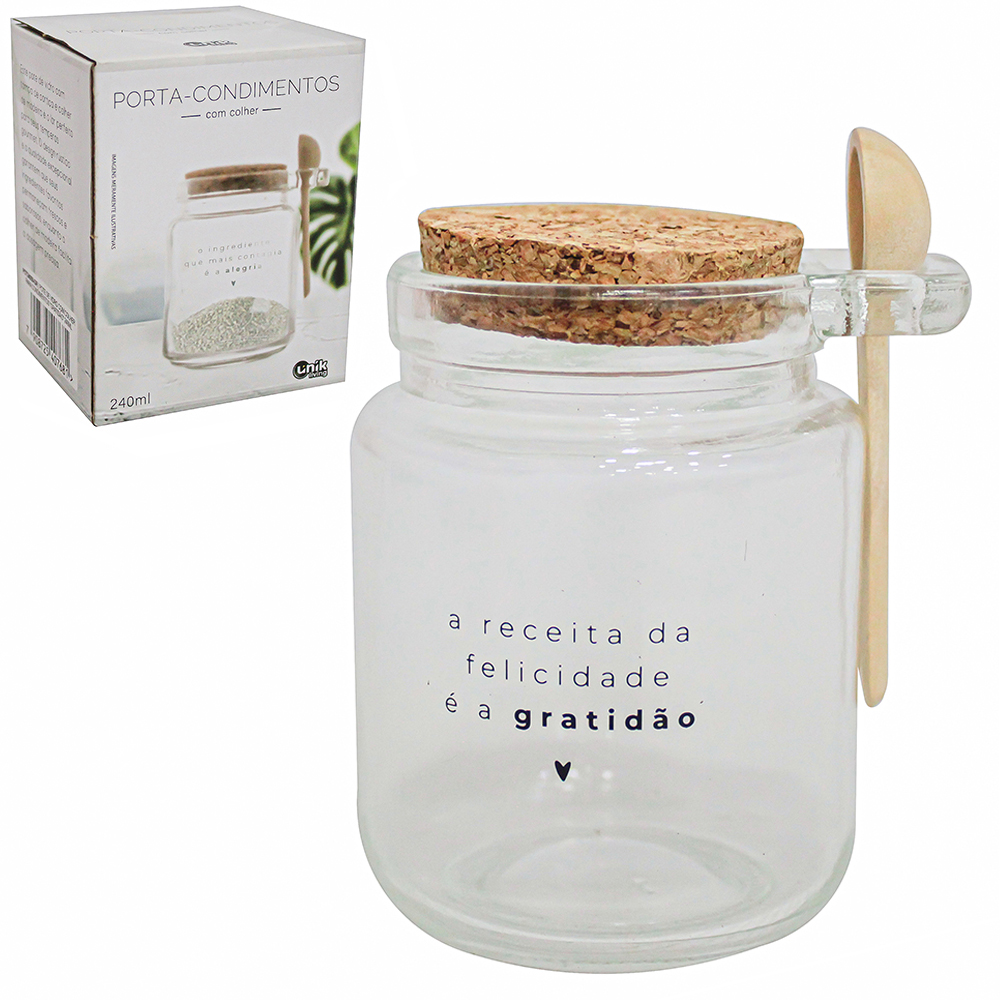 ACUCAREIRO / PORTA CONDIMENTO DE VIDRO GRATIDAO COM ALCA + COLHER DE BAMBU E TAMPA CORTICA 240ML