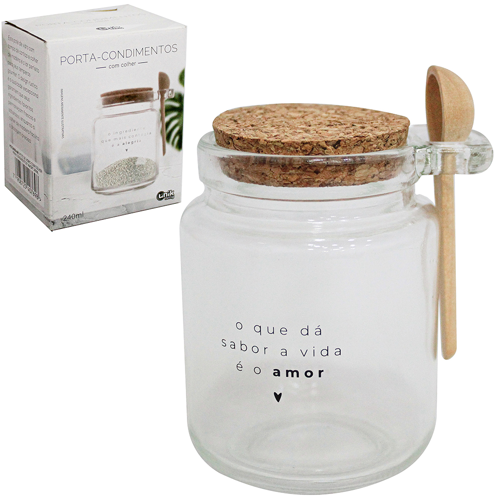 ACUCAREIRO / PORTA CONDIMENTO DE VIDRO AMOR COM ALCA + COLHER DE BAMBU E TAMPA CORTICA 240ML