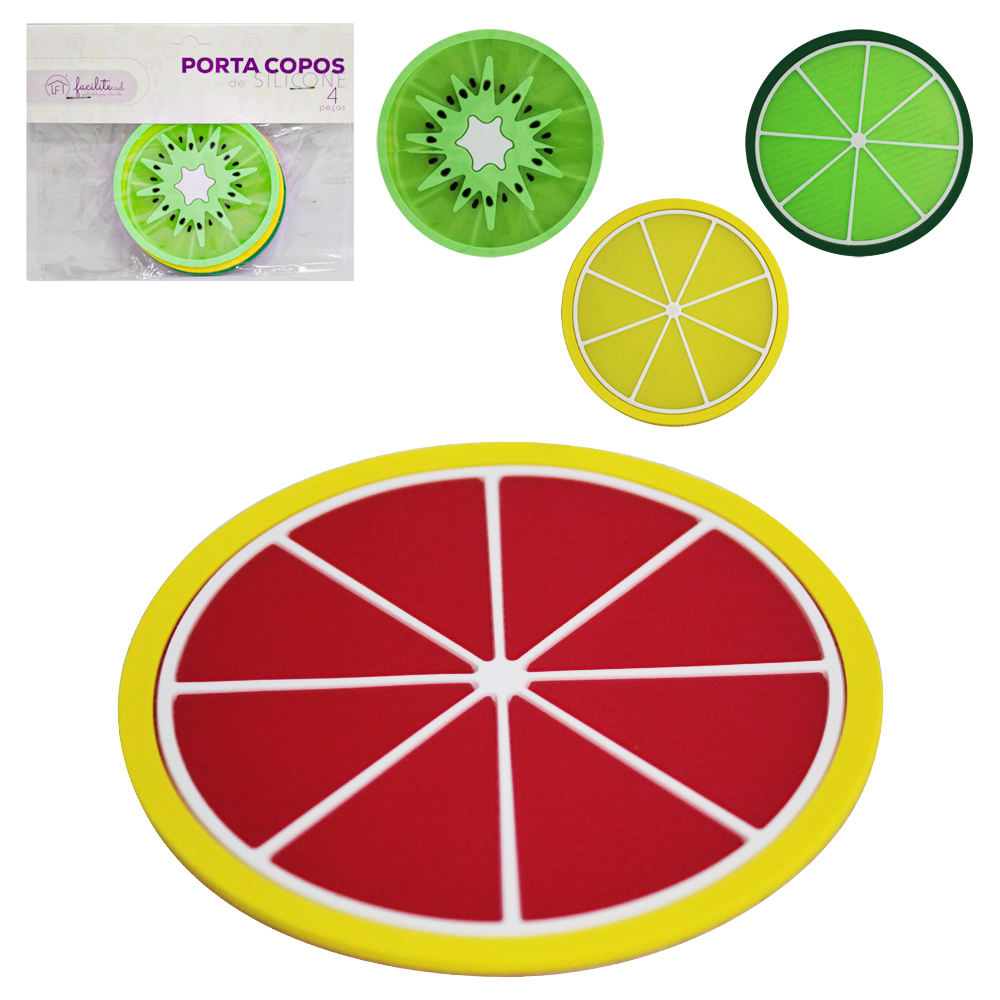 PORTA COPO DE SILICONE REDONDO FRUTAS FACILITE.UD COM 4 PECAS 8,5CM DE 