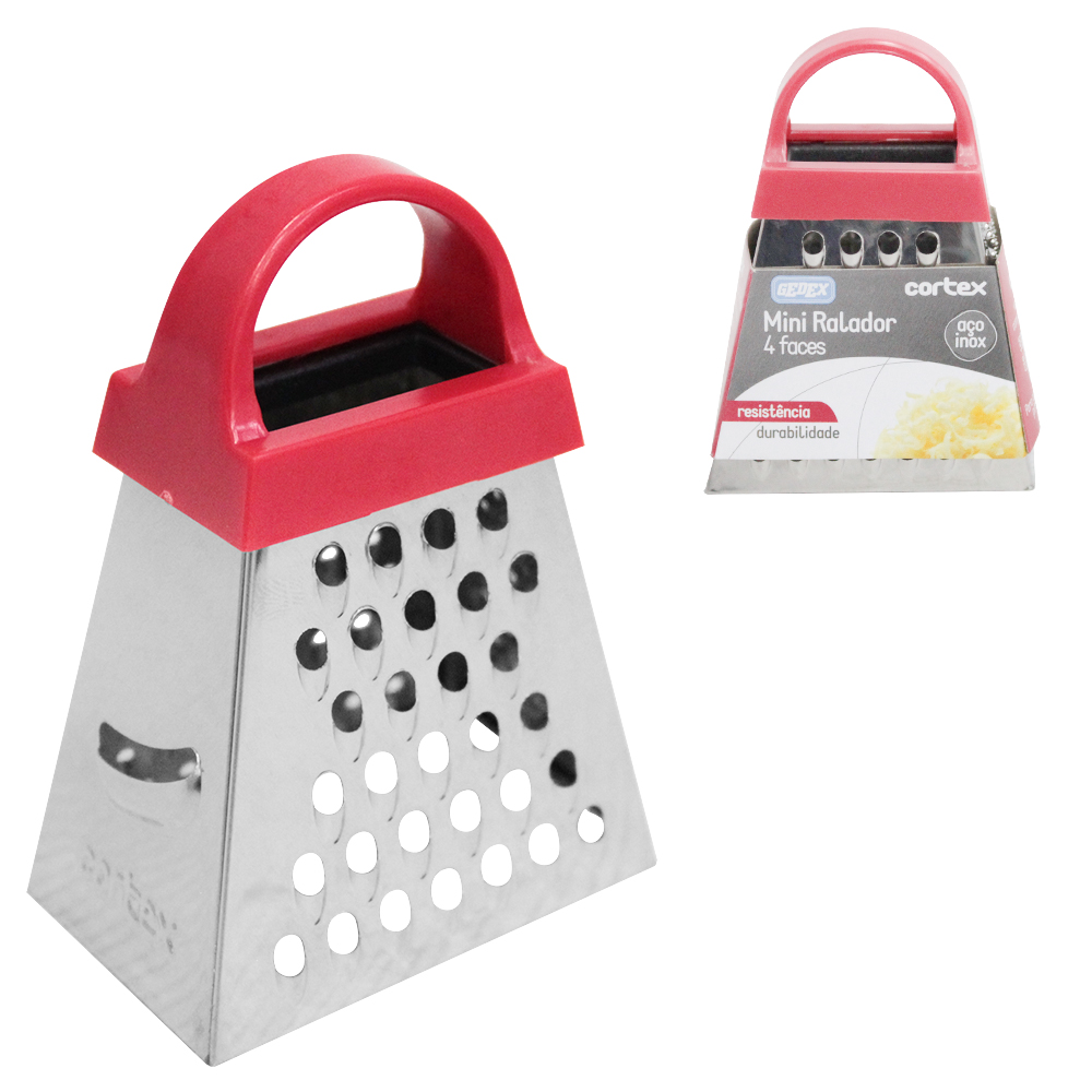 MINI RALADOR 4 FACES DE INOX COM ALCA DE PLASTICO VERMELHO 3,5'' 